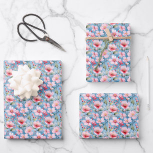 Pink Blossoming Flowers on Blue Wrapping Paper Sheet