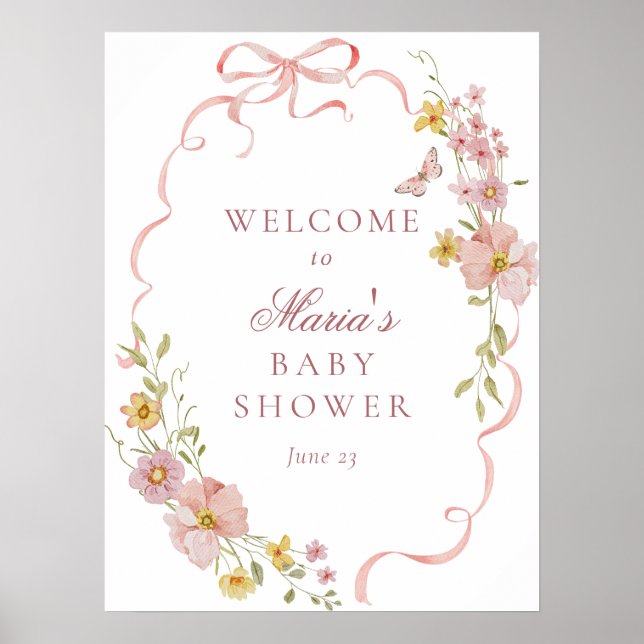 Pink Blossoms and Bows Baby Shower Welcome Sign (Front)
