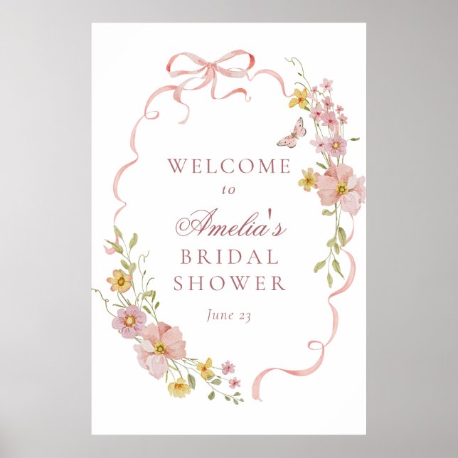 Pink Blossoms and Bows Bridal Shower Welcome Sign (Front)