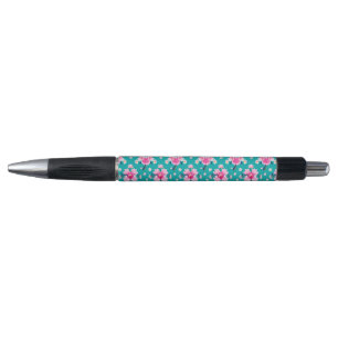 Pink Blossoms and Leaves on Teal Background