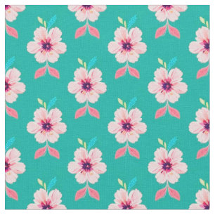 Pink Blossoms and Leaves on Teal Background Fabric