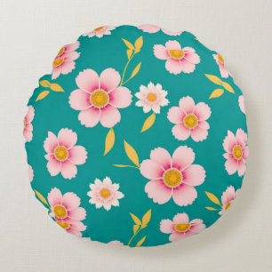 Pink Blossoms and Leaves on Teal Background Round Cushion