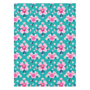 Pink Blossoms and Leaves on Teal Background Tablecloth