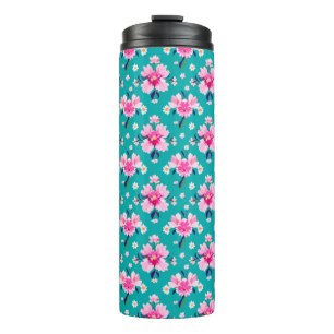 Pink Blossoms and Leaves on Teal Background Thermal Tumbler