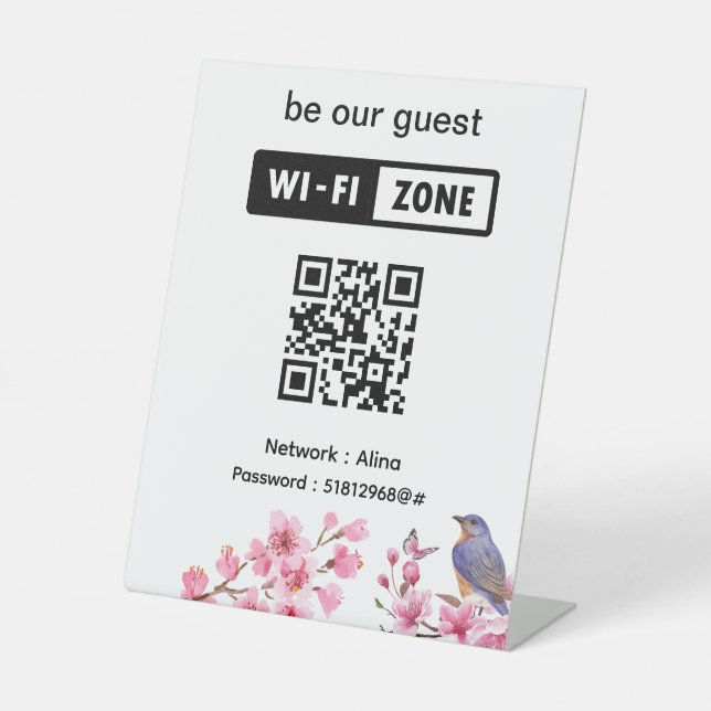 Pink Blossoms Flower Wedding Guest Wifi  Pedestal Sign (Front)
