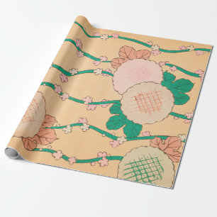 Pink Blossoms Green Vines Floral Print Retro Wrapping Paper