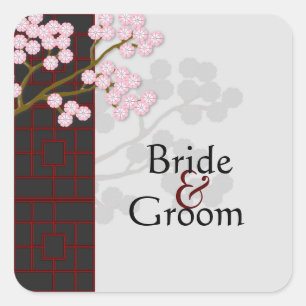 Pink Blossoms & Japanese Screen Wedding Stickers