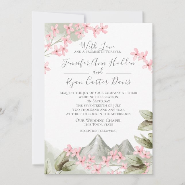 Pink Blossoms Mountain Wedding Invitation (Front)