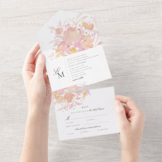 Pink Blossoms Watercolor Floral Wedding All In One Invitation