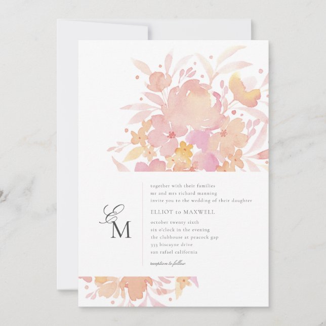 Pink Blossoms Watercolor Floral Wedding Invitation (Front)