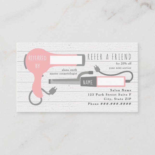Pink Blow Dryer + Curling Iron Salon Referral Business Card (Front)