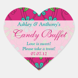 Pink Blue Abstract Daisy Floral Heart Candy Buffet Heart Sticker