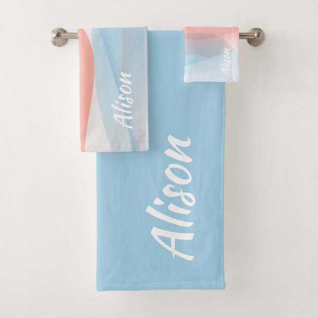 Pink blue abstract name bath towel set (Insitu)