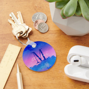 Pink Blue Abstract Sunset Ocean Personalised Key Ring