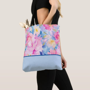 Pink, Blue Abstract Watercolor Flowers Colour Bloc Tote Bag