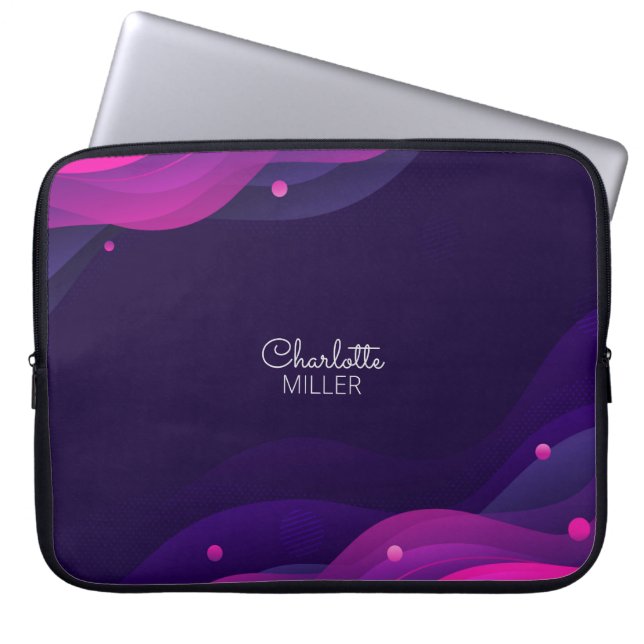 Pink-Blue Abstract Waves with Custom Name Laptop Sleeve (Front)