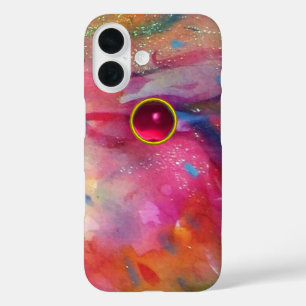 PINK BLUE ABSTRACT WITH 3D RED RUBY GEMSTONE iPhone 16 CASE