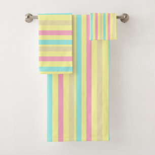 Pink, blue and brown stripes on yellow bath towel set