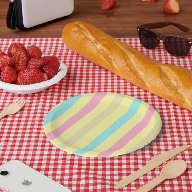 Pink, blue and brown stripes on yellow paper plate (Picnic)