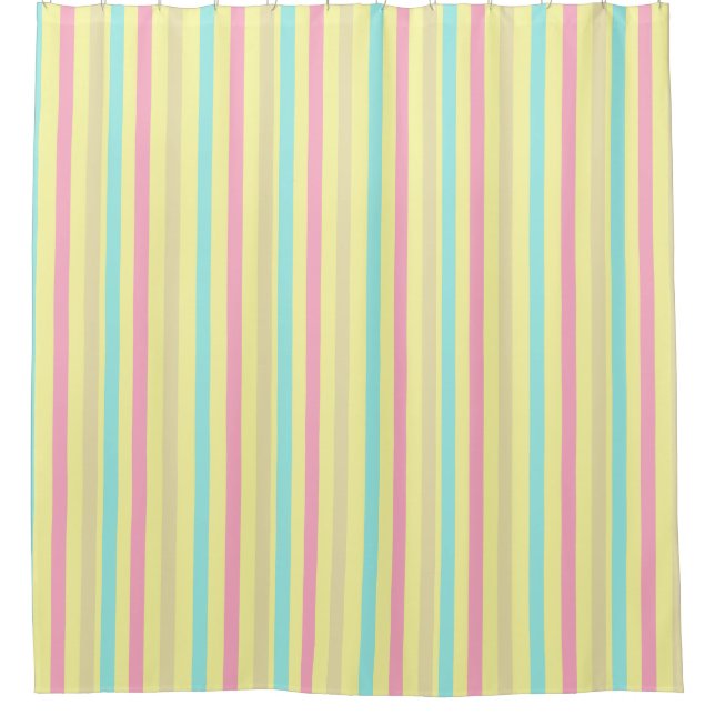 Pink, blue and brown stripes on yellow shower curtain (Front)
