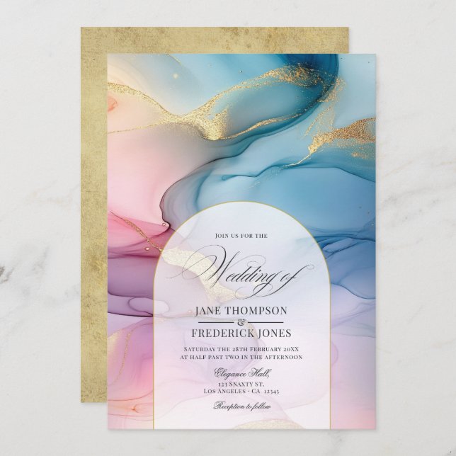 Pink, Blue, and Gold Alcohol Ink Elegance Wedding Invitation (Front/Back)