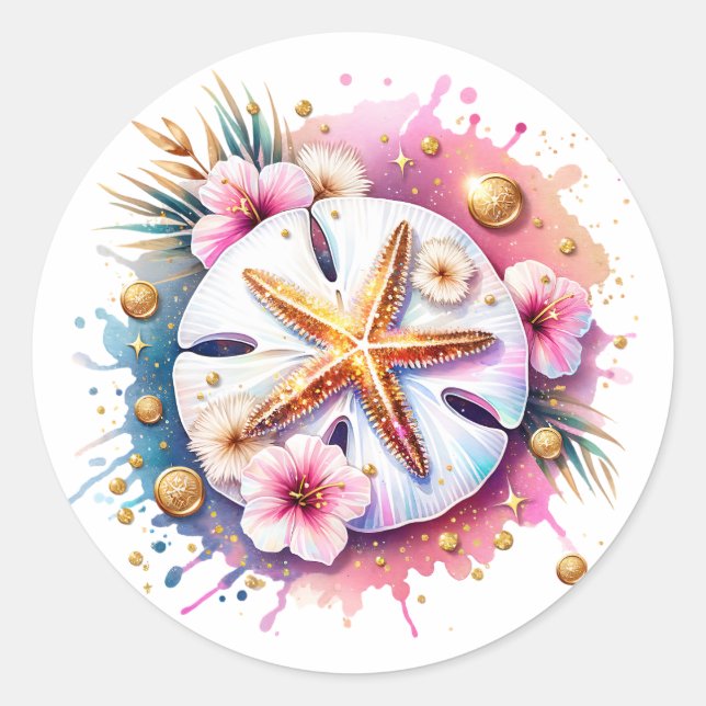 Pink, Blue and Gold Coastal Sand Dollar Beachy Classic Round Sticker (Front)