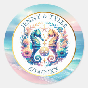 Pink, Blue and Gold Coastal Seahorse Beachy Classic Round Sticker