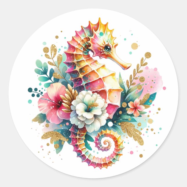 Pink, Blue and Gold Coastal Seahorse Beachy Classic Round Sticker (Front)