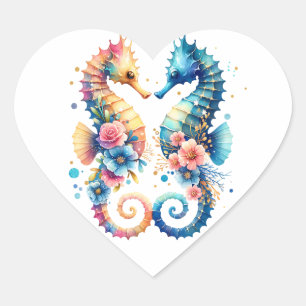 Pink, Blue and Gold Coastal Seahorse Beachy Heart Sticker
