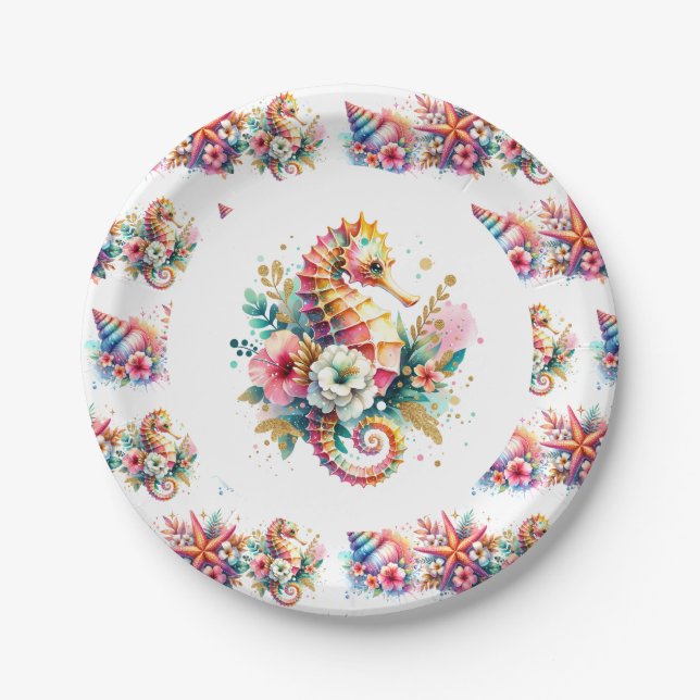 Pink, Blue and Gold Coastal Seahorse Beachy Paper Plate (Front)