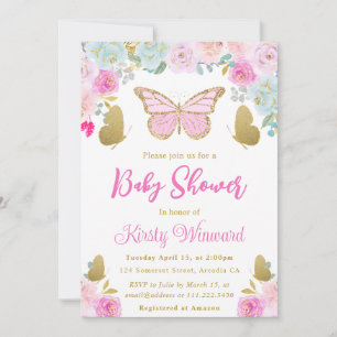 Pink. Blue and Gold Floral Butterfly Baby Shower Invitation