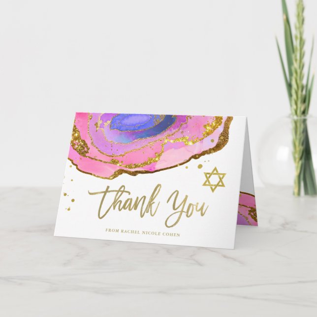 Pink Blue and Gold Geode | Bat Mitzvah Thank You Card (Front)