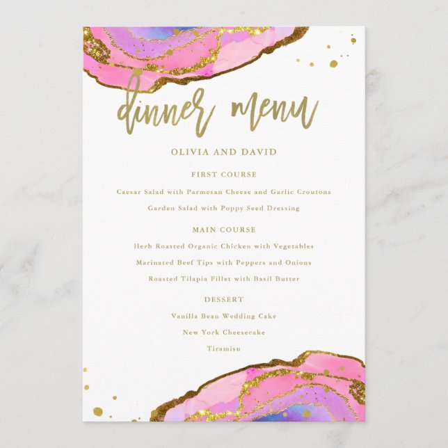 Pink Blue and Gold Geode | Wedding Menu (Front)