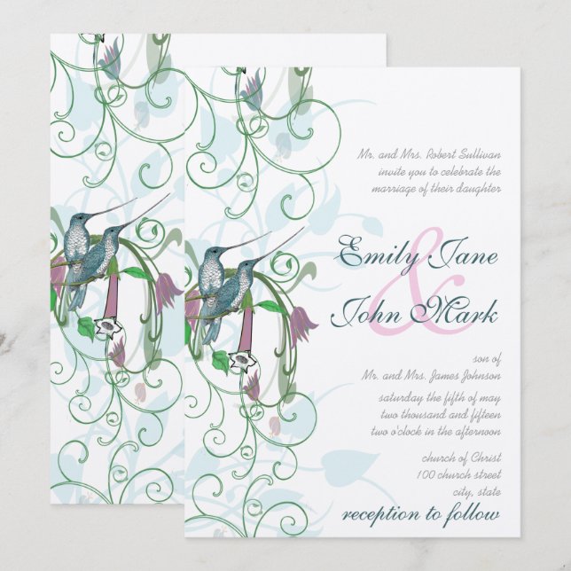 Pink Blue and Green Hummingbird Wedding Invites (Front/Back)