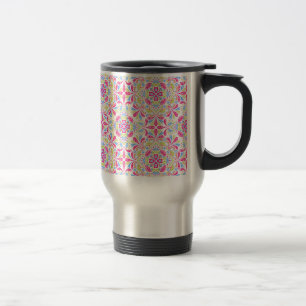 Pink blue and green kaleidoscope pattern travel mug