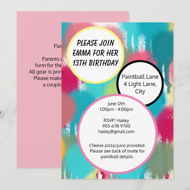 Pink, Blue and Green Paintball Birthday Invitation (Front/Back)