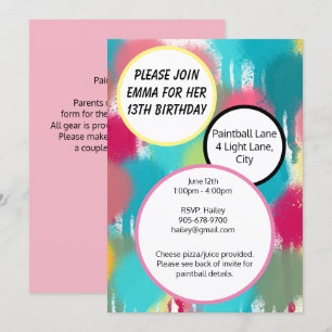 Pink, Blue and Green Paintball Birthday Invitation