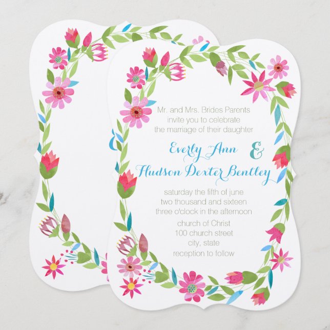 Pink Blue and Green Wreath Forest Wedding Invite (Front/Back)