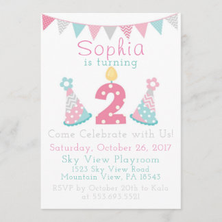 Pink Blue and Grey 2nd Birthday Invitations