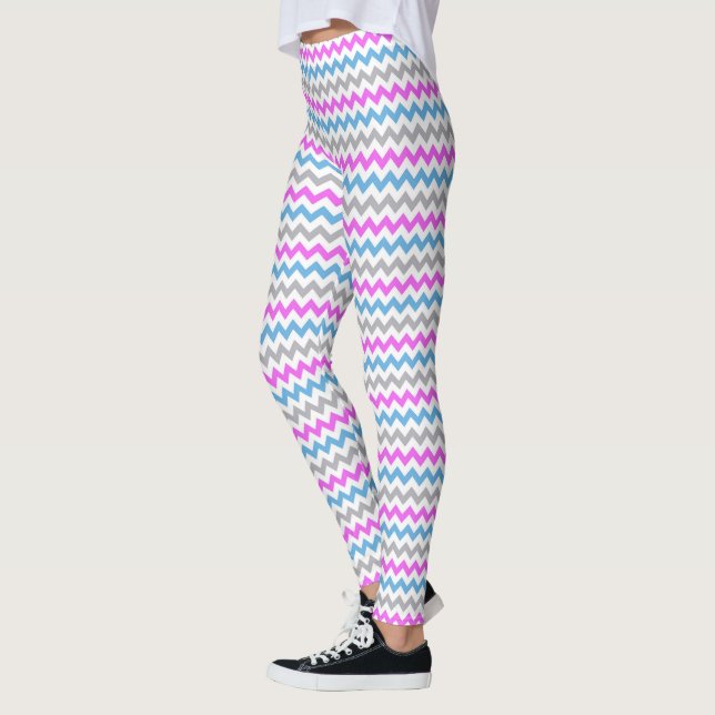 Pink, Blue and Grey Zig Zag Chevron Pattern Leggings (Left)