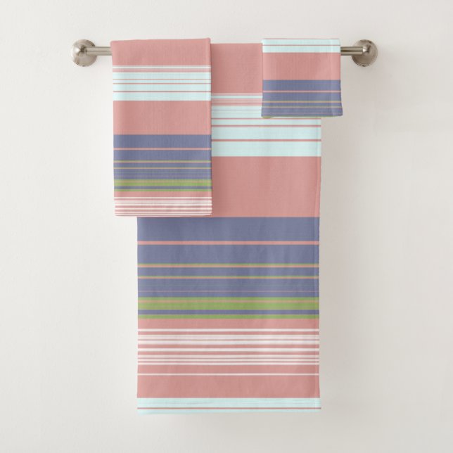 Pink, blue and olive vertical stripes. bath towel  (Insitu)