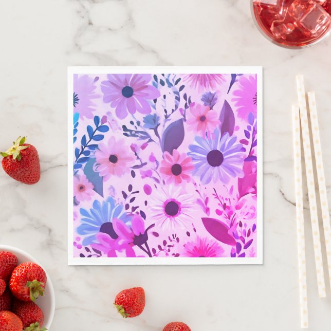 Pink, Blue And Purple Flowers | Bold Floral Party Napkin (Insitu)