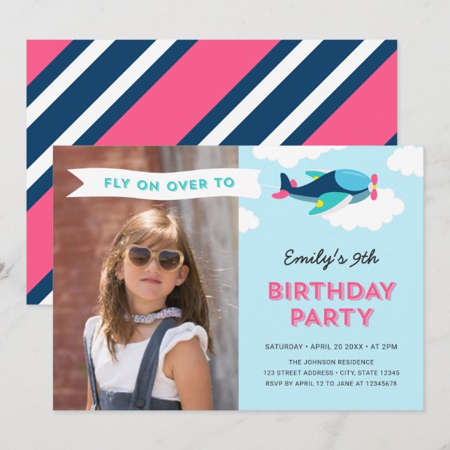 Pink, Blue and Teal Aeroplane Photo Birthday Party Invitation (Front/Back)