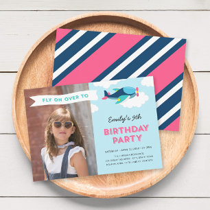 Pink, Blue and Teal Aeroplane Photo Birthday Party Invitation