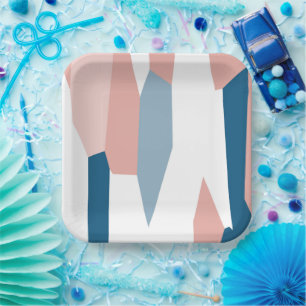 Pink Blue and White Abstract Paper Plate