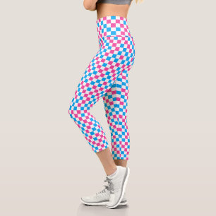 Pink Blue And White Chequered Pattern Capri Leggings