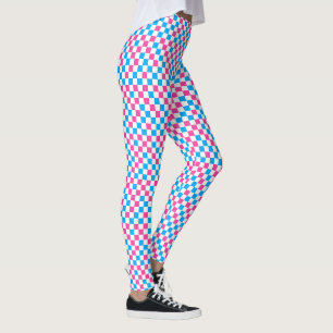 Pink Blue And White Chequered Pattern Leggings