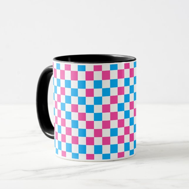 Pink Blue And White Chequered Pattern  Mug (Front Left)