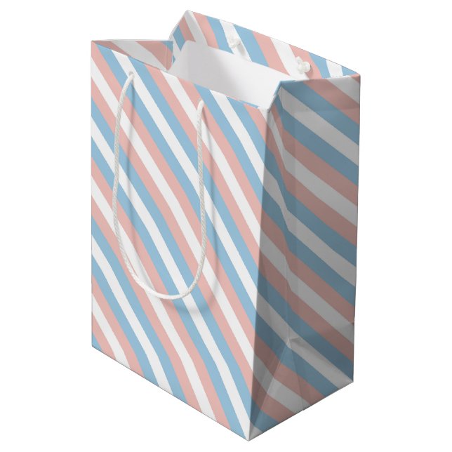 Pink, Blue and White Diagonal Stripe Medium Gift Bag (Back Angled)