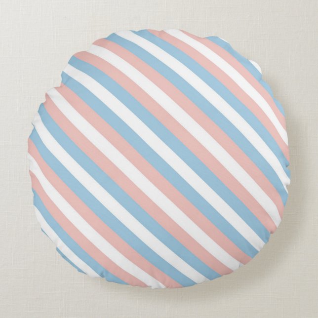 Pink, Blue and White Diagonal Stripe Round Cushion (Front)